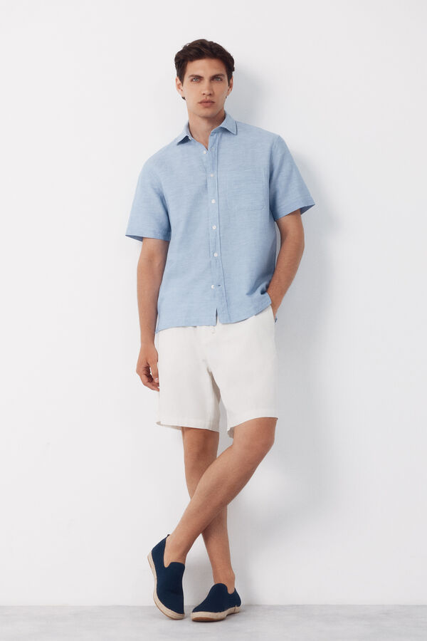Cortefiel Plain cotton linen short sleeve shirt Blue