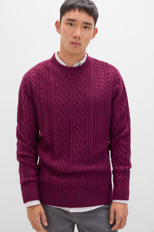 Cortefiel Cable knit jumper with round neck Maroon