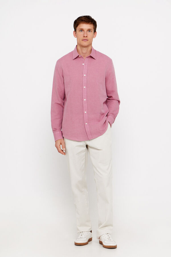 Cortefiel Plain linen/cotton shirt Pink