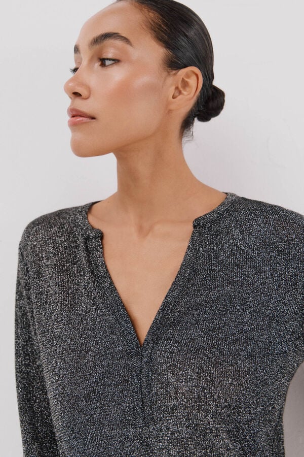 Cortefiel Lurex mandarin collar t-shirt Black