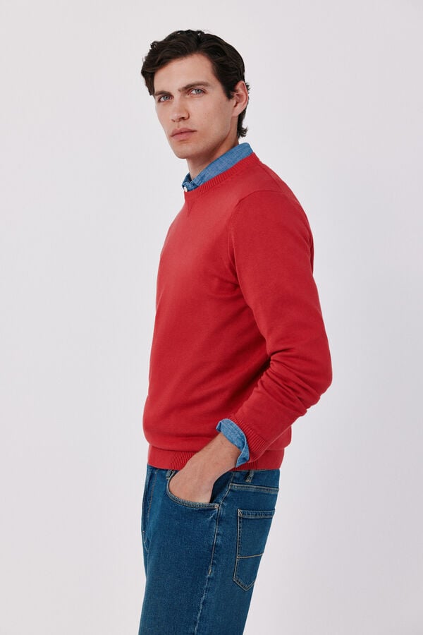 Cortefiel Cotton fine knit round neck jumper Red