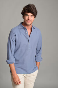 Cortefiel Long-Sleeved Washed Piqué Polo Shirt Blue