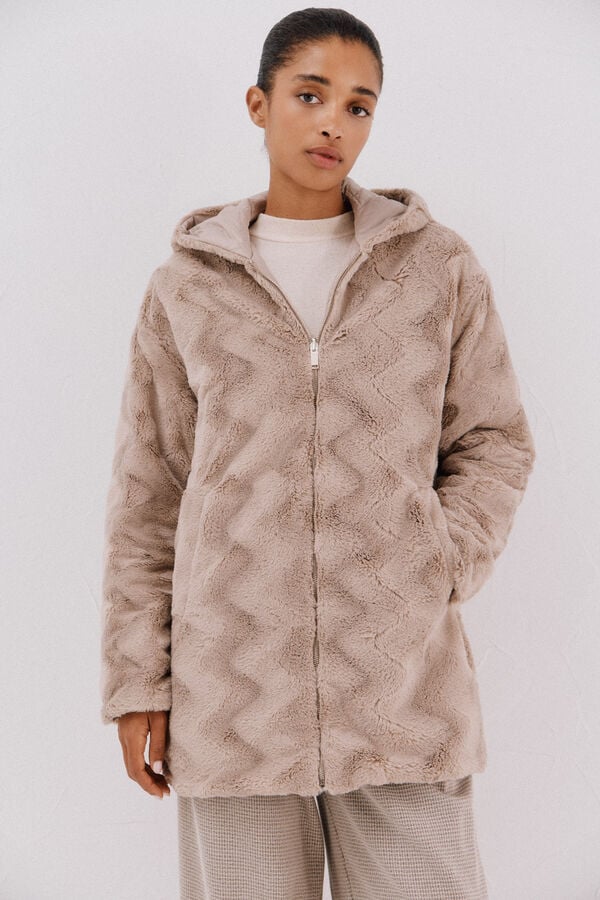 Cortefiel reversible quilted anorak with fur effect Beige