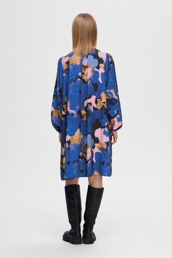 Cortefiel Short printed dress with long sleeve, made with Lenzing Ecovero Blue