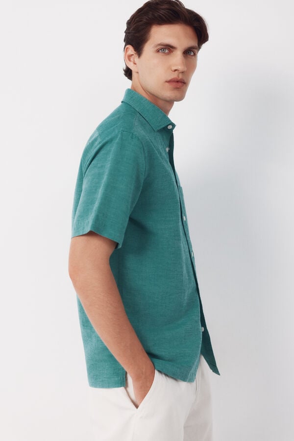 Cortefiel Plain cotton linen short sleeve shirt Green