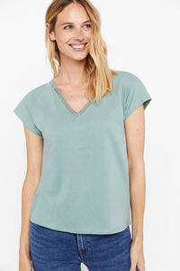 Cortefiel V-neck T-shirt with lace detail Green