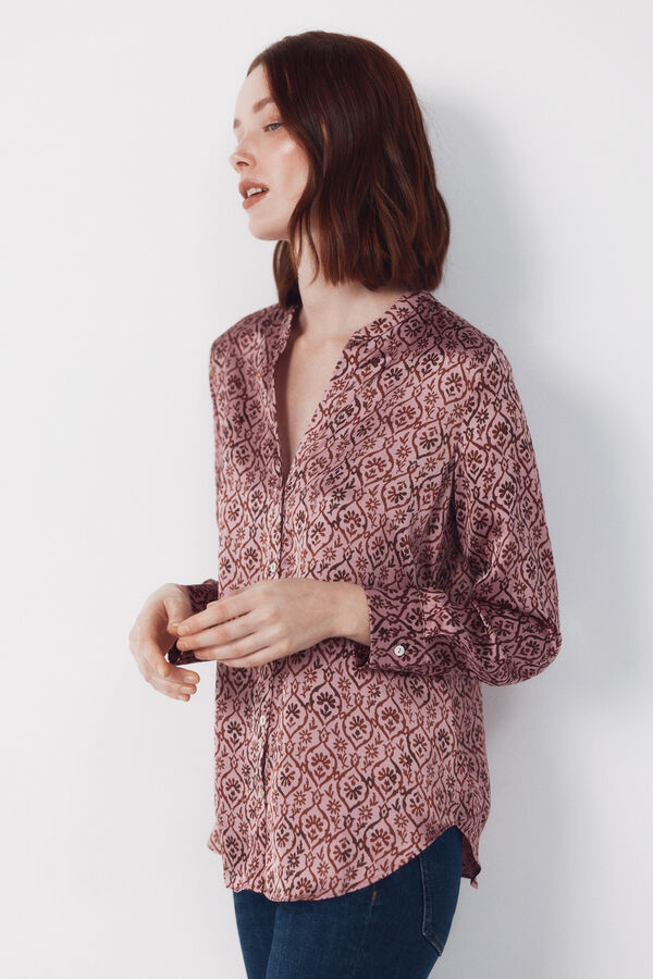 Cortefiel Printed satin mandarin shirt Printed purple