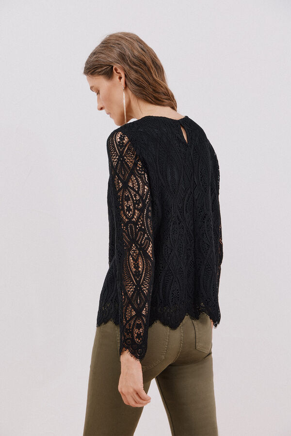 Cortefiel long sleeve guipure top Black