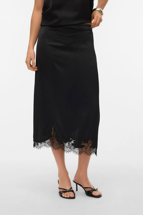 Vero Moda Satin-finish midi skirt with lace Black