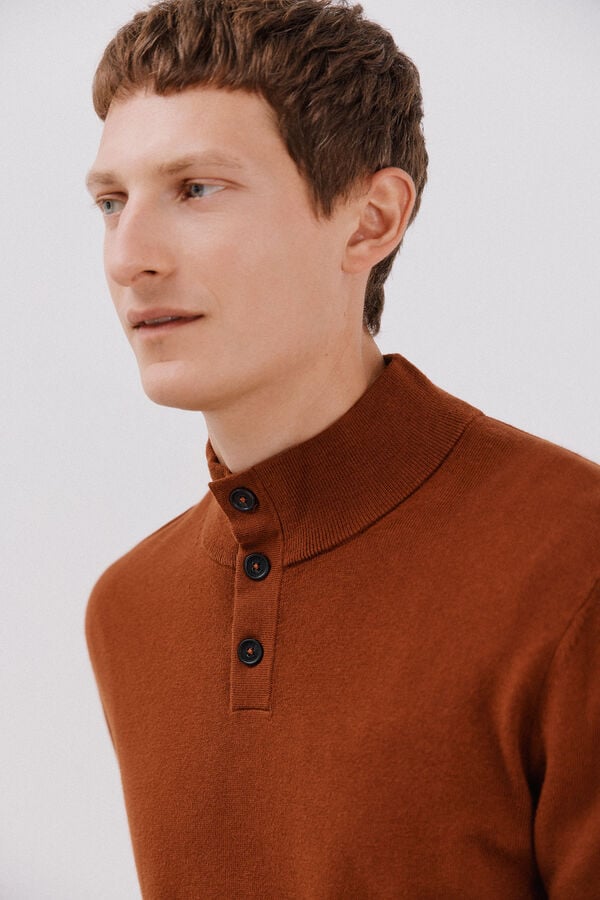Cortefiel Cotton/silk cashmere high neck jumper Camel