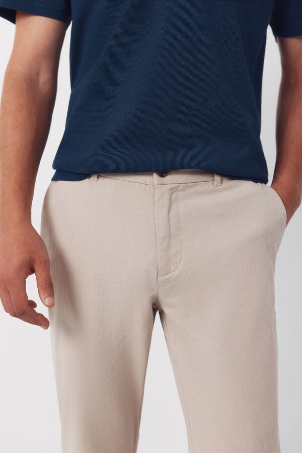 Cortefiel Regular cotton- linen chinos trousers Beige