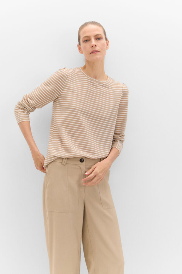 Cortefiel Striped top with gathered sleeves Nude