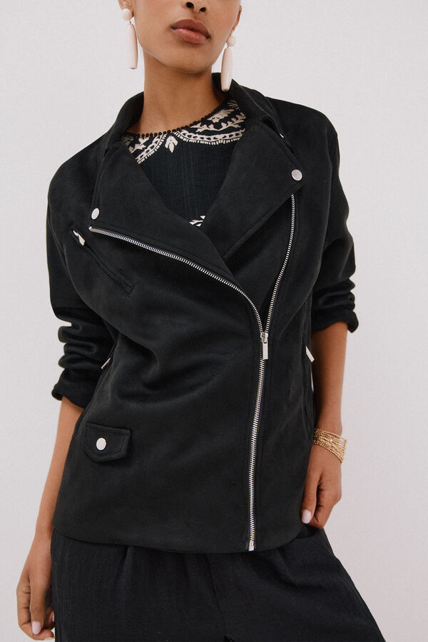 Cortefiel Faux suede biker jacket Black