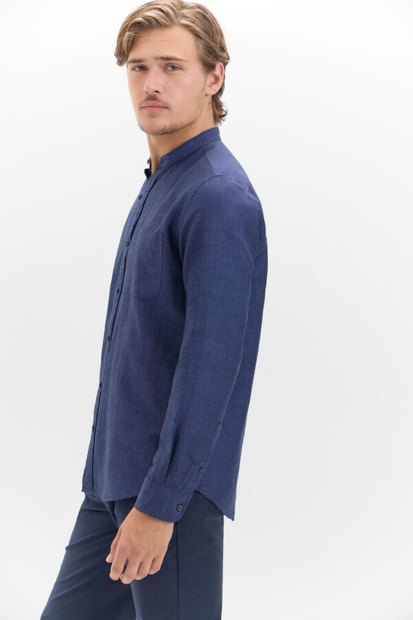 Cortefiel Camisa lino algodón cuello mao Azul marino
