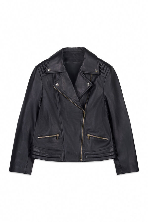 Cortefiel Leather zip fastening jacket Black