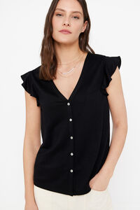 Cortefiel Buttoned V-neck T-shirt Black