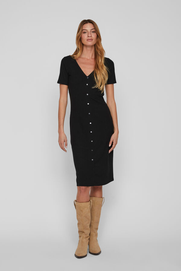 Vila Vestido midi canalé botones Negro