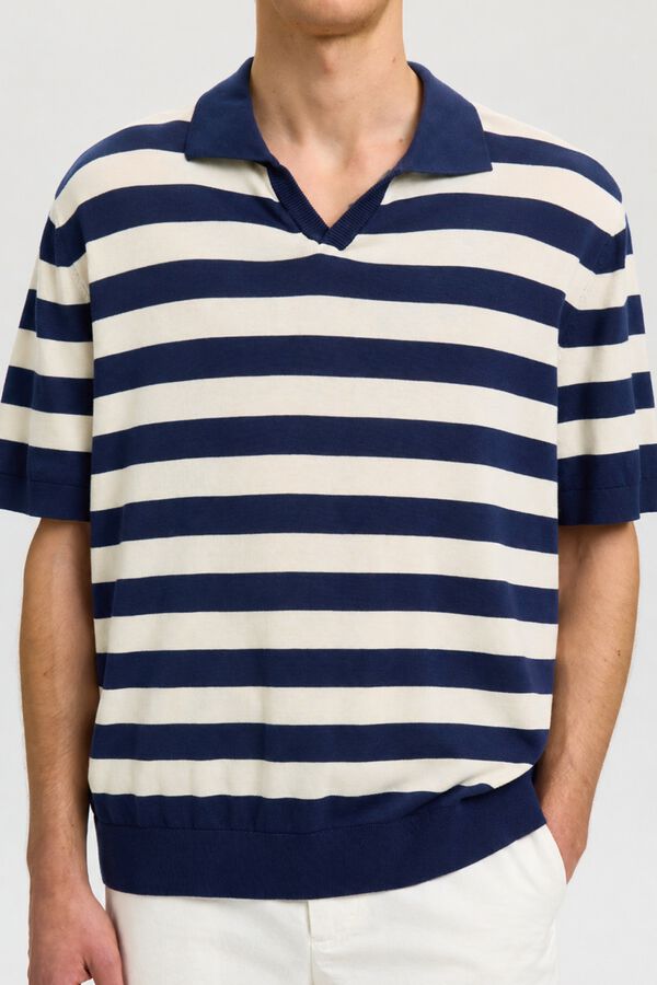 Selected Polo de malha &agrave;s riscas Azul