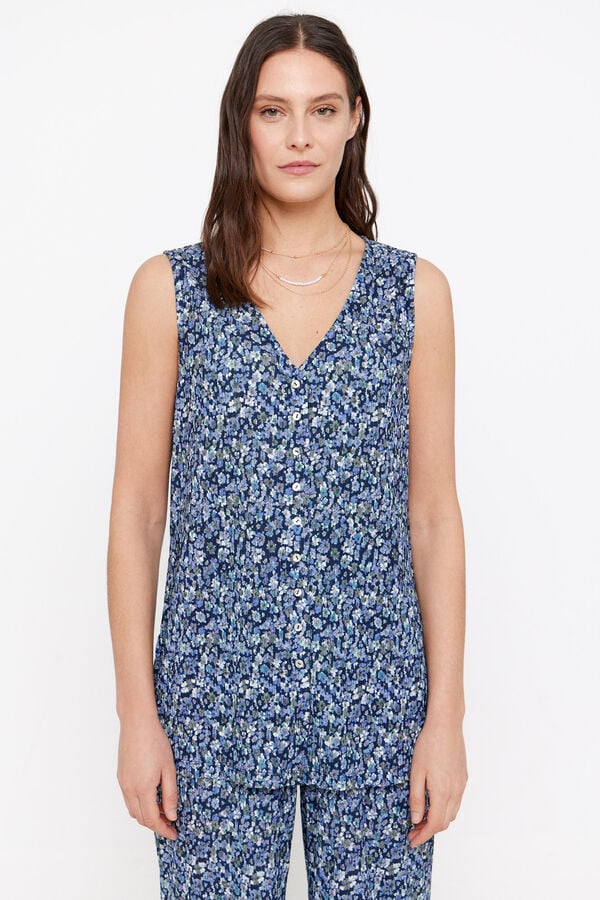 Cortefiel Top with buttons Printed blue
