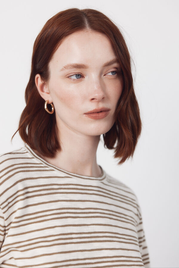 Cortefiel Striped linen -effect t-shirt Kaki