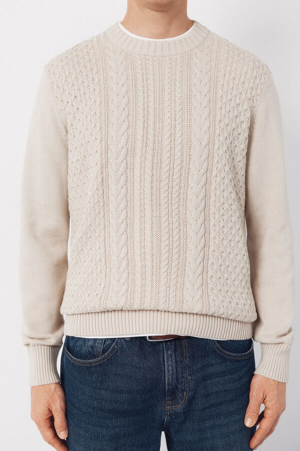 Cortefiel Cable knit round neck jersey-knit  Ivory