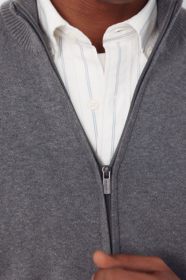 Cortefiel Basic cotton zip fastening cardigan Grey