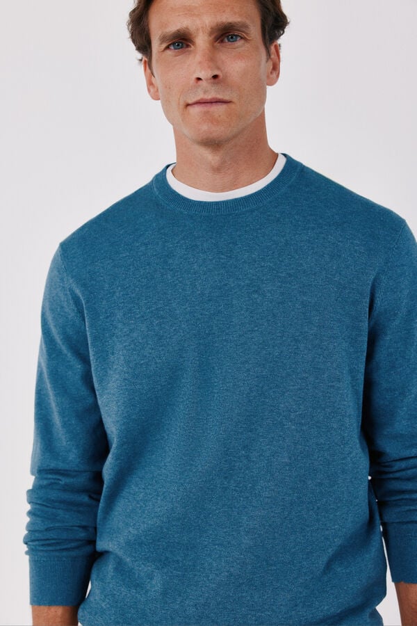 Cortefiel Cotton cashmere knit crew neck jumper Blue