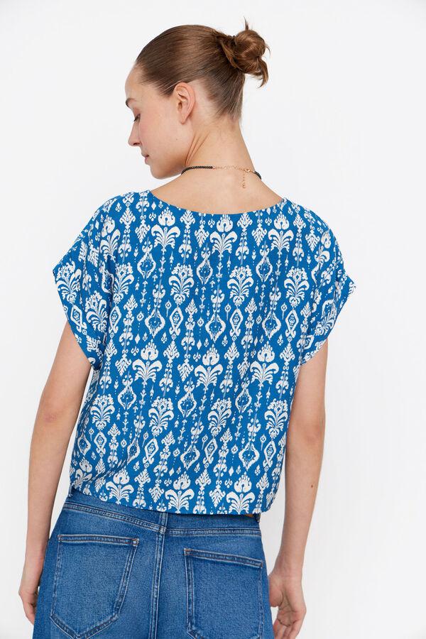 Cortefiel Short-sleeved round-neck blouse Printed blue