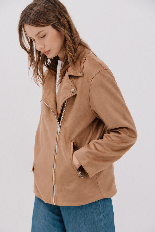 Cortefiel Faux suede biker jacket Beige