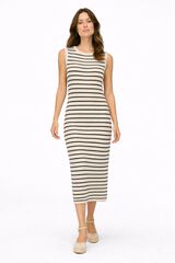 Vila Vestido midi canelado sem mangas Ecru