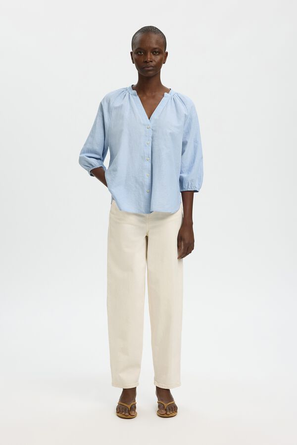 Selected Blusa manga 3/4 em linho Azul