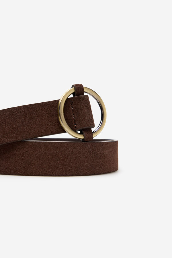 Cortefiel Circular basic split leather belt Brown