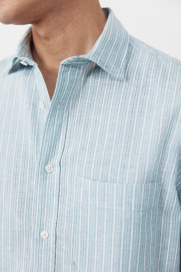 Cortefiel Striped cotton linen short sleeve shirt Turquoise