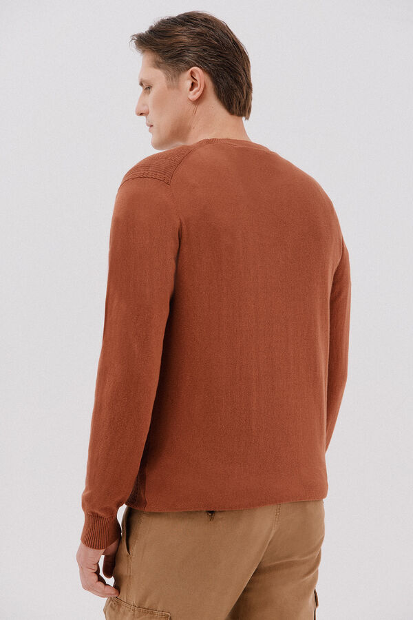 Cortefiel Fine braided cotton crew crew neck sweater Camel