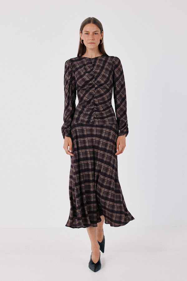 Cortefiel Plaid print ruched dress Printed grey