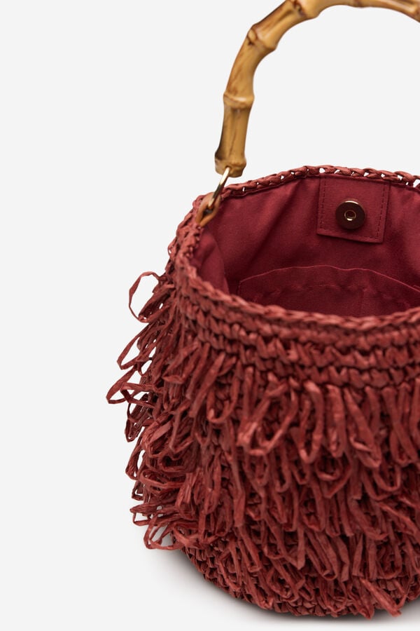 Cortefiel Raffia fringed handbag Maroon