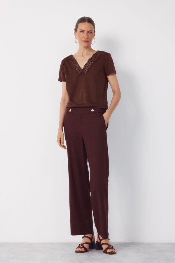 Cortefiel Cal&ccedil;as de linho com bot&otilde;es dourados Castanho