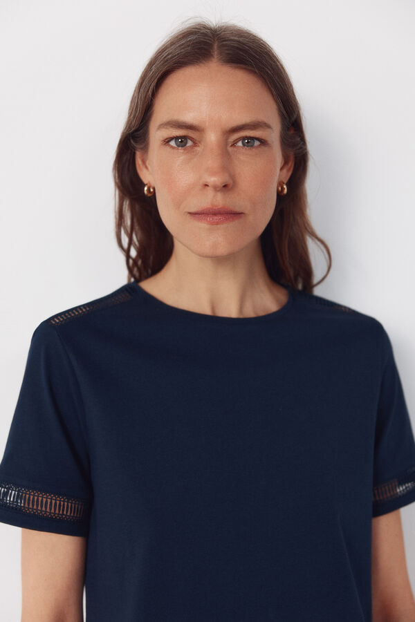 Cortefiel Hemstitch detail t-shirt Navy