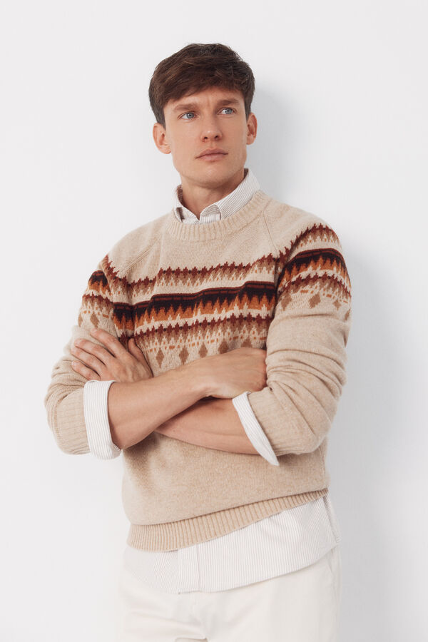 Cortefiel Jersey navideño fantasía lana cuello caja Beige