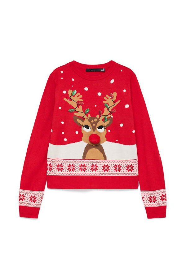 Vero Moda Camisola feminino com estampado de Natal e gola redonda Vermelho