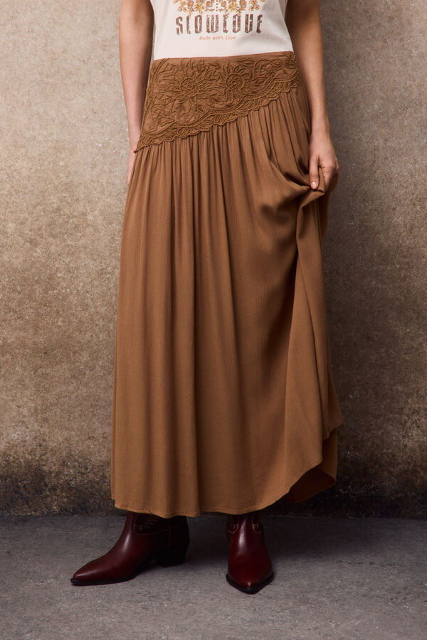 Slowlove Saia midi com bordado Tostado