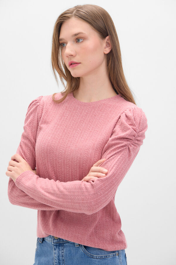 Cortefiel Elasticated textured top with puffed sleeves Maroon