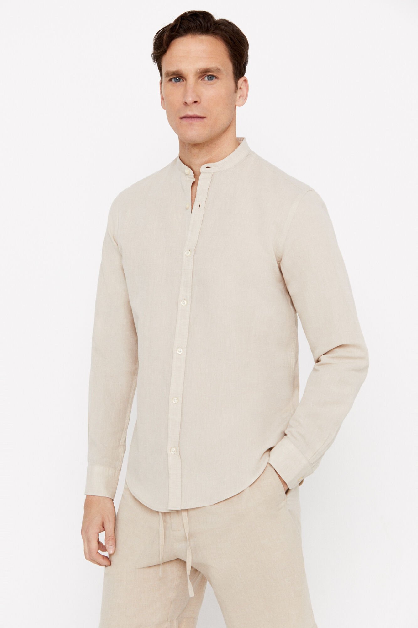 Camisa lino 2025 hombre cuello mao