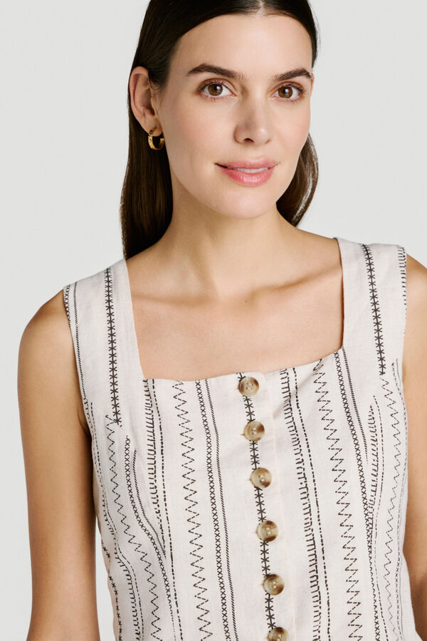 Vila Chaleco de vestir con estampado &eacute;tnico de algod&oacute;n y lino Beige