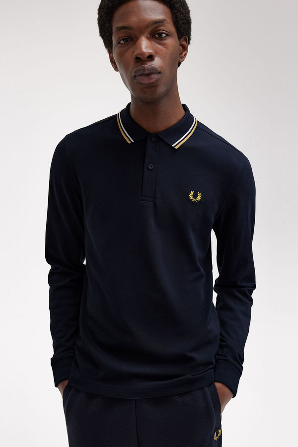 Fred Perry Polo piqu&eacute; de manga comprida masculina Azul