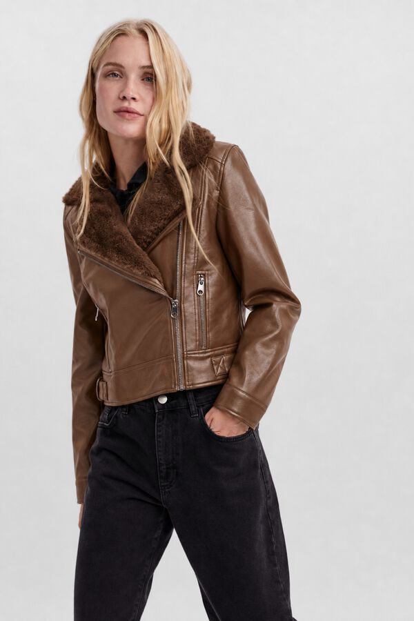 Vero Moda Faux leather jacket with faux fur Brown