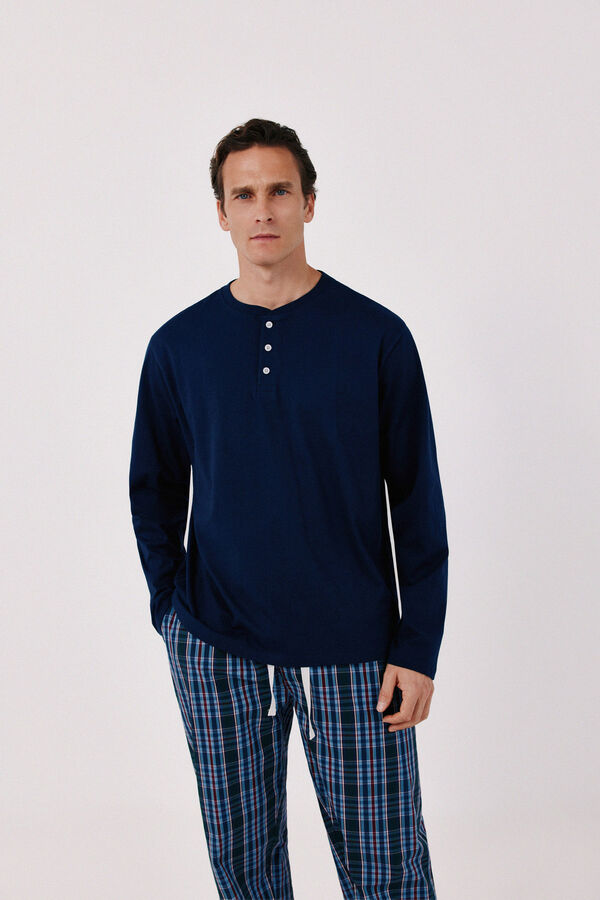 Cortefiel Jersey-knit and fabric pyjamas set Navy