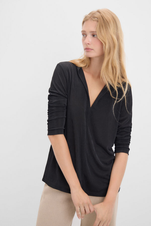 Cortefiel Long-sleeved crepe t-shirt Black