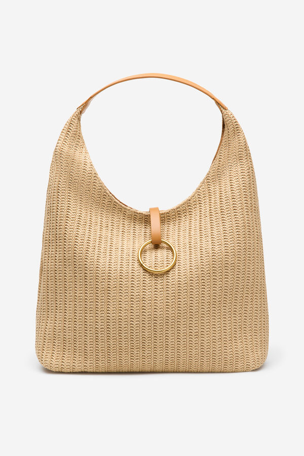 Cortefiel Raffia ring hobo bag Nude