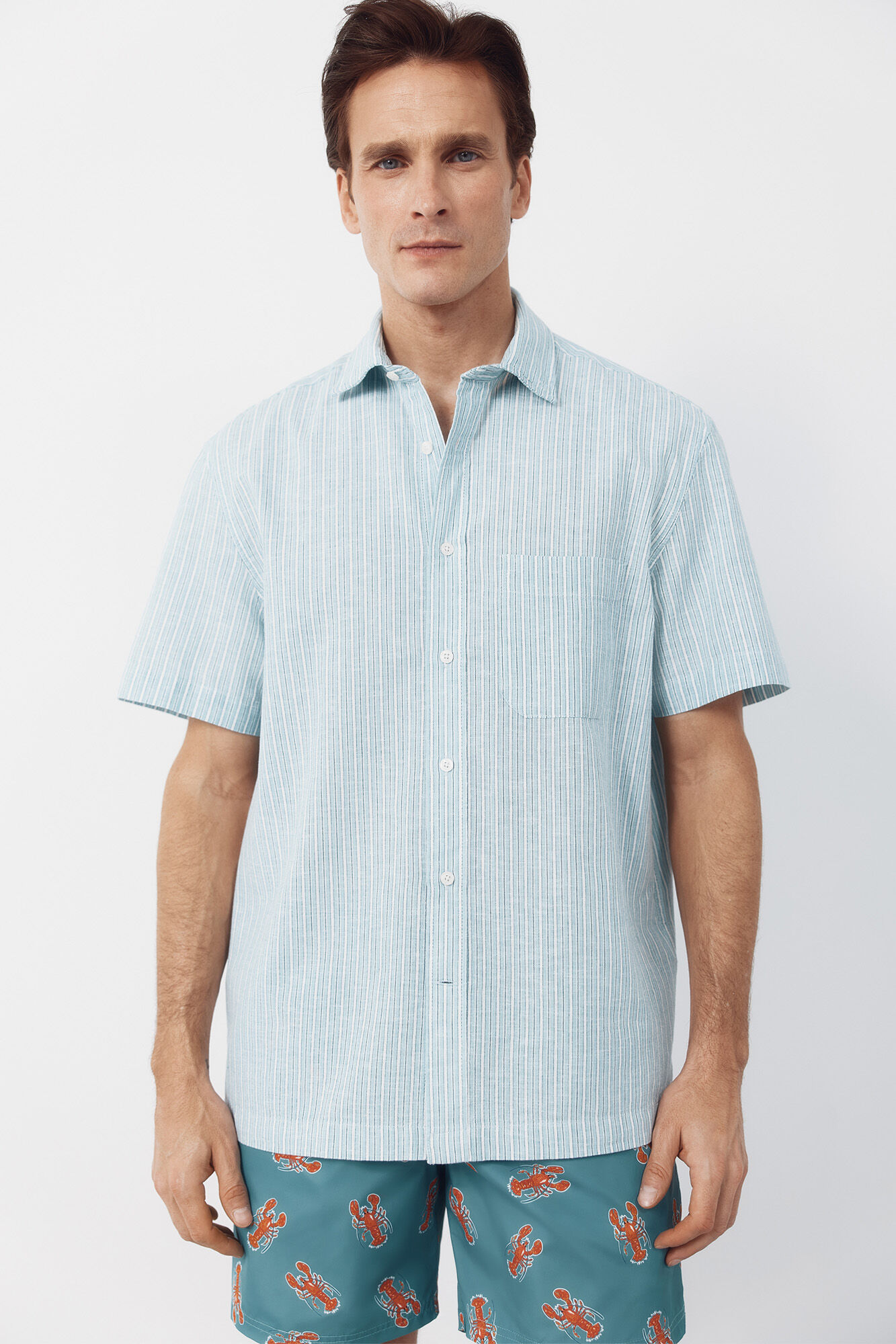 Cortefiel Striped cotton linen short sleeve shirt